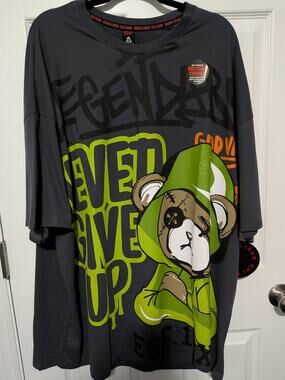 Rebellious Culture Never Give Up Bear Graphic T-Shirt Grey Neon Green 3XL NWT